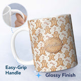 Personalized Custom Name Cute Gingerbread Cookies with Candy Canes Seamless Pattern Name 11oz Ceramic Coffee Tea Mug White Large Handle