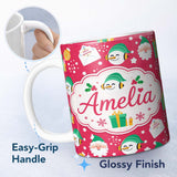 Personalized Custom Name Cute Santa Snowman Letter Gift Seamless Pattern Thoughtful Gift Idea 11oz Ceramic Coffee Tea Mug White Large Handle