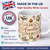 Personalized Custom Name Elegant Botanical Christmas Baubles Floral Leaves Seamless Pattern 11oz Ceramic Coffee Tea Mug White Large Handle