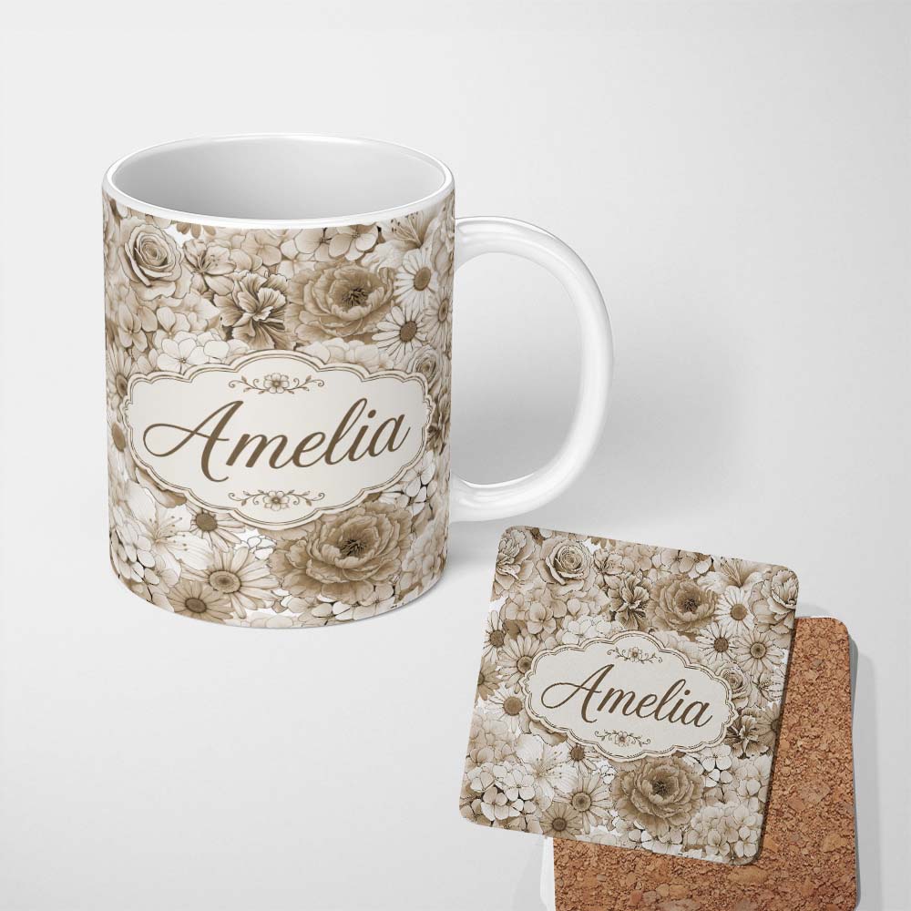 Personalized Custom Name Vintage Sepia Floral Bouquet Seamless Pattern with Roses Peonies and 11oz Ceramic Coffee Tea Mug White Large Handle
