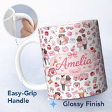 Personalized Custom Name Cute Love Couple Gifts Cakes Teddy Bear Pattern Light Grey Lovely 11oz Ceramic Coffee Tea Mug White Large Handle