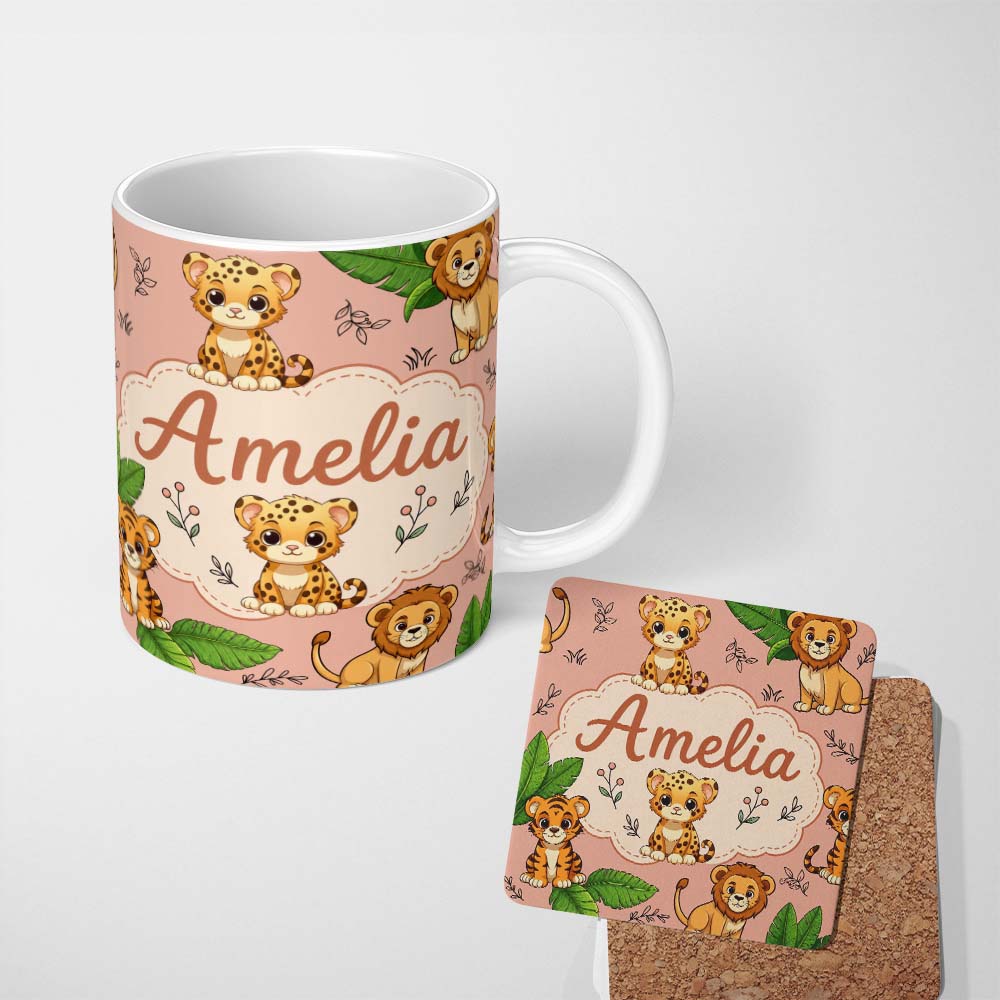 Personalized Custom Name Cute Jungle Animals Lion Tiger Leopard Tropical Leaves Peach Lovely 11oz Ceramic Coffee Tea Mug White Large Handle