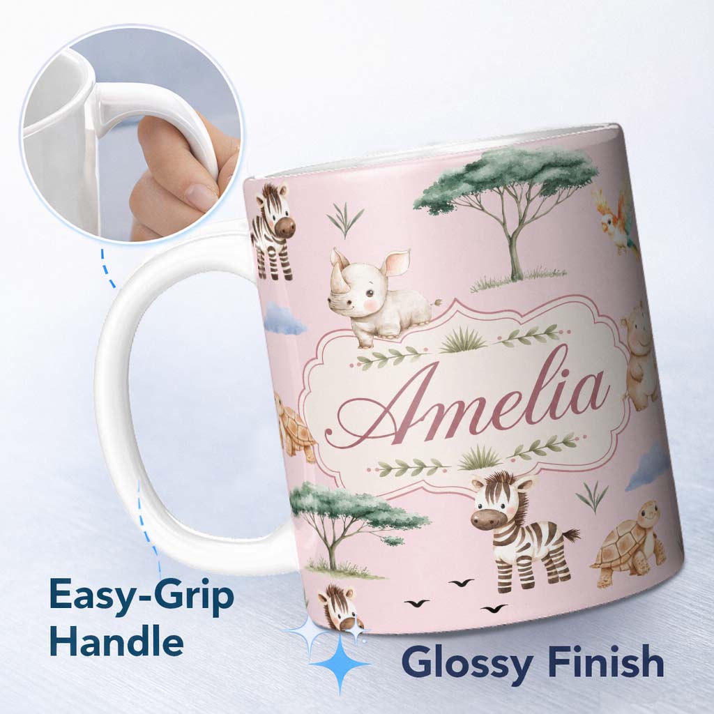 Personalized Custom Name Cute Safari Animals Zebra Rhino Turtle Pink Seamless Pattern Lovely 11oz Ceramic Coffee Tea Mug White Large Handle