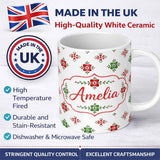 Personalized Custom Name Watercolor Scandinavian Folk Floral Red Green Seamless Pattern 11oz Ceramic Coffee Tea Mug White Large Handle