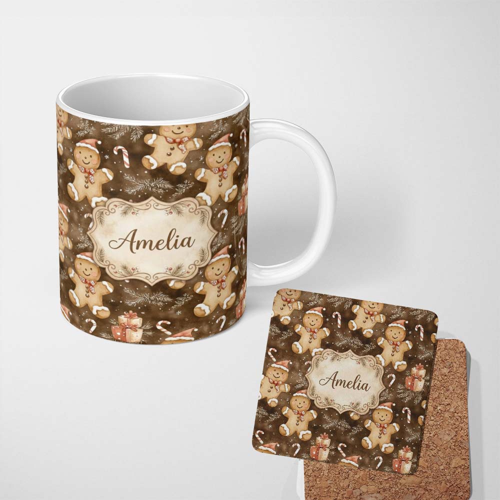 Personalized Custom Name Gingerbread Men with Santa Hats and Gifts Seamless Pattern Name Cute 11oz Ceramic Coffee Tea Mug White Large Handle