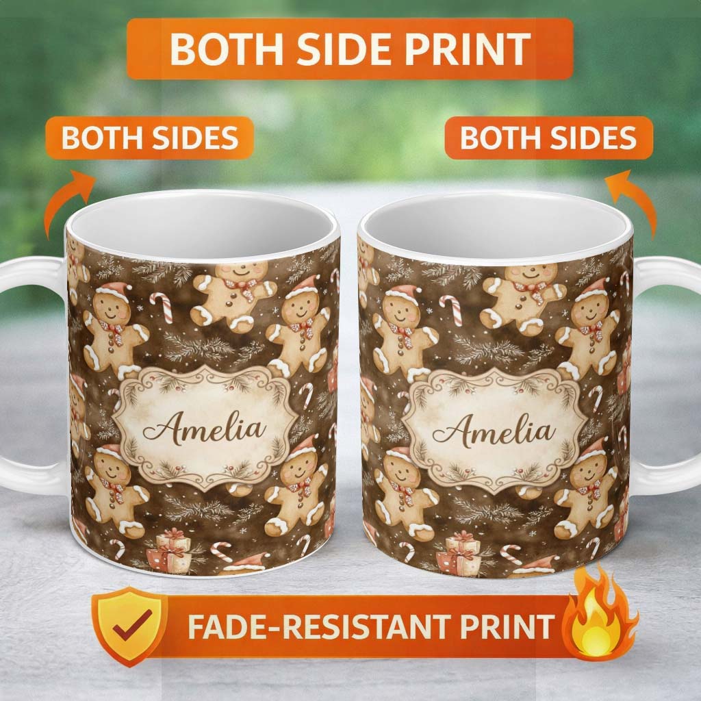 Personalized Custom Name Gingerbread Men with Santa Hats and Gifts Seamless Pattern Name Cute 11oz Ceramic Coffee Tea Mug White Large Handle