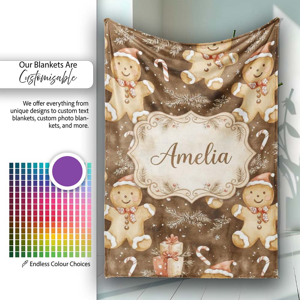 Gingerbread Men with Santa Hats and Gifts Seamless Pattern Name Cute  Personalised Custom Name Super Soft Fleece Blanket Bed Sofa Throw