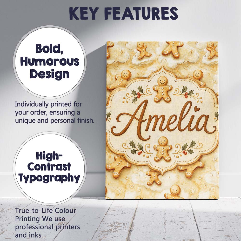 Personalised Name Cute Gingerbread Cookies Custom  Unique Gift Idea Elegant Feature Canvas Wall Art Print Decor Picture Ready to Hang