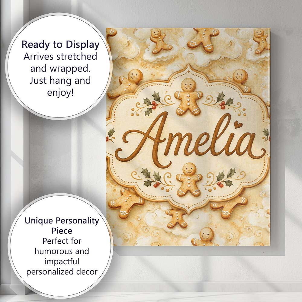 Personalised Name Cute Gingerbread Cookies Custom  Unique Gift Idea Elegant Feature Canvas Wall Art Print Decor Picture Ready to Hang