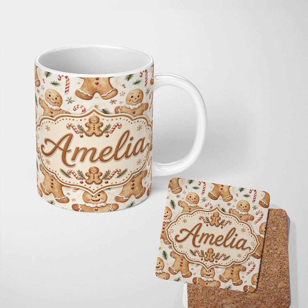 Personalized Custom Name Cute Gingerbread Cookies with Candy Canes and Pine Sprigs Seamless 11oz Ceramic Coffee Tea Mug White Large Handle