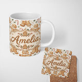 Personalized Custom Name Cute Gingerbread Cookies with Candy Canes and Pine Sprigs Seamless 11oz Ceramic Coffee Tea Mug White Large Handle