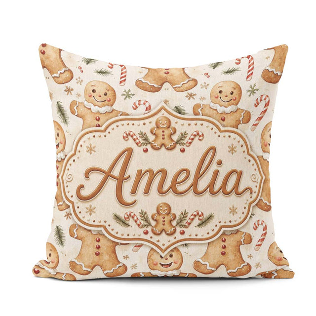 Custom Name Gingerbread Cookies with Candy Canes and Pine Sprigs Square Filled Cushion Throw Pillow Sofa Bed Home Decor Zip Washable UK Made