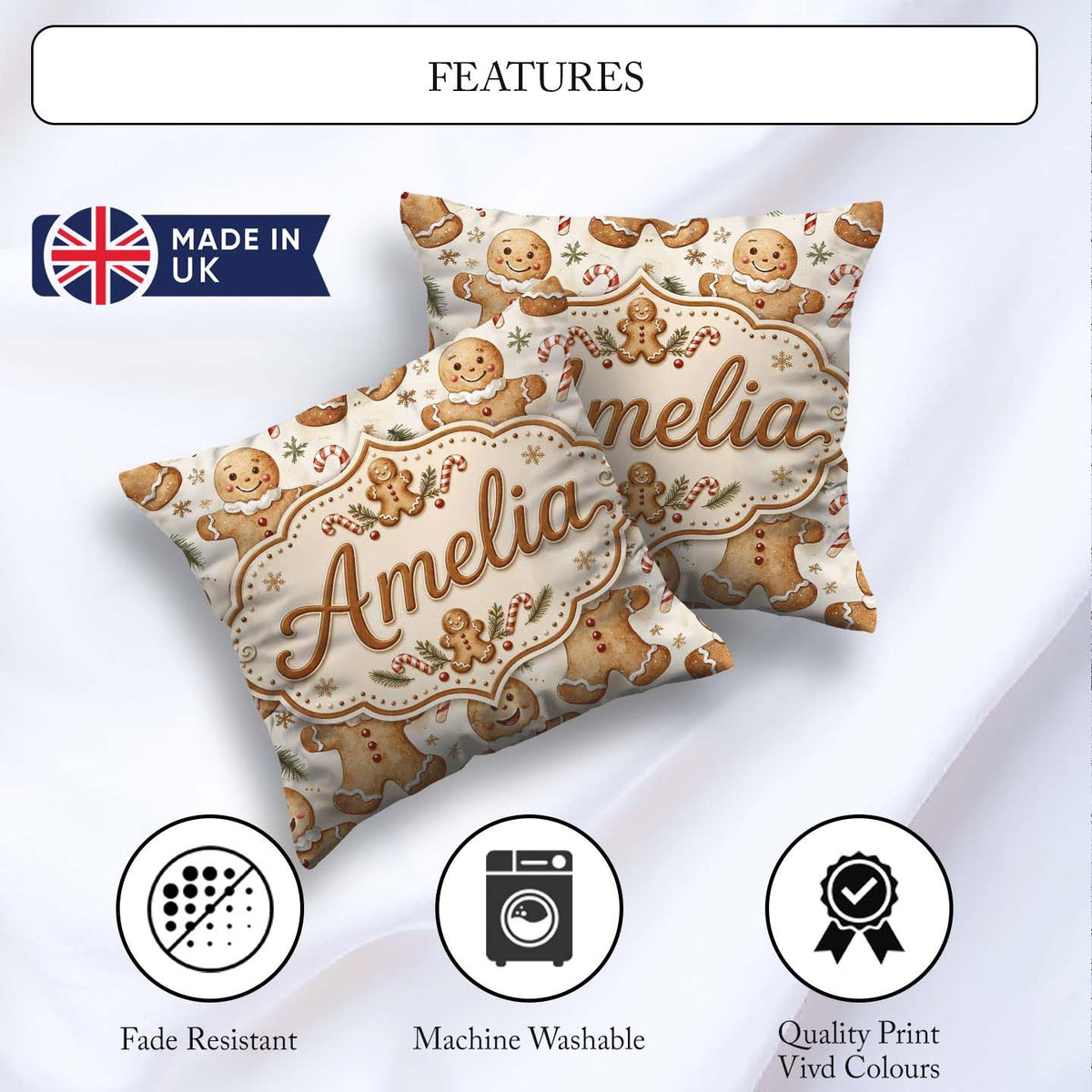 Custom Name Gingerbread Cookies with Candy Canes and Pine Sprigs Square Filled Cushion Throw Pillow Sofa Bed Home Decor Zip Washable UK Made