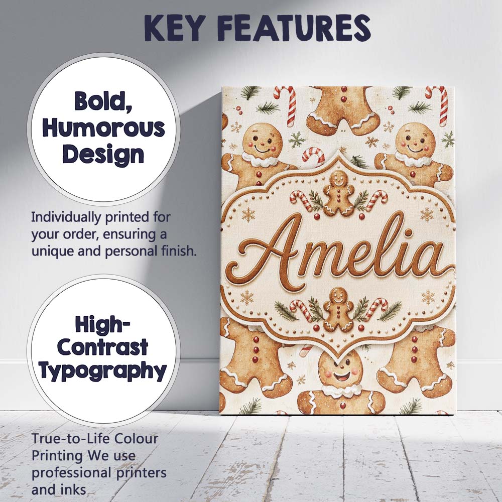 Personalised Name Cute Gingerbread Cookies Custom  Unique Gift Idea Elegant Feature Canvas Wall Art Print Decor Picture Ready to Hang