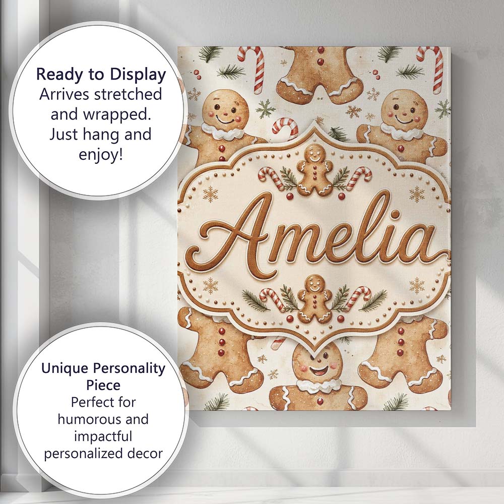 Personalised Name Cute Gingerbread Cookies Custom  Unique Gift Idea Elegant Feature Canvas Wall Art Print Decor Picture Ready to Hang