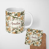 Personalized Custom Name Cute Gingerbread Cookies with Holly and Pine Branches Seamless 11oz Ceramic Coffee Tea Mug White Large Handle