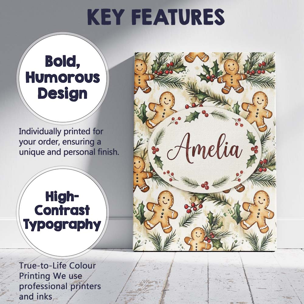 Personalised Name Cute Gingerbread Cookies Custom  Unique Gift Idea Elegant Feature Canvas Wall Art Print Decor Picture Ready to Hang