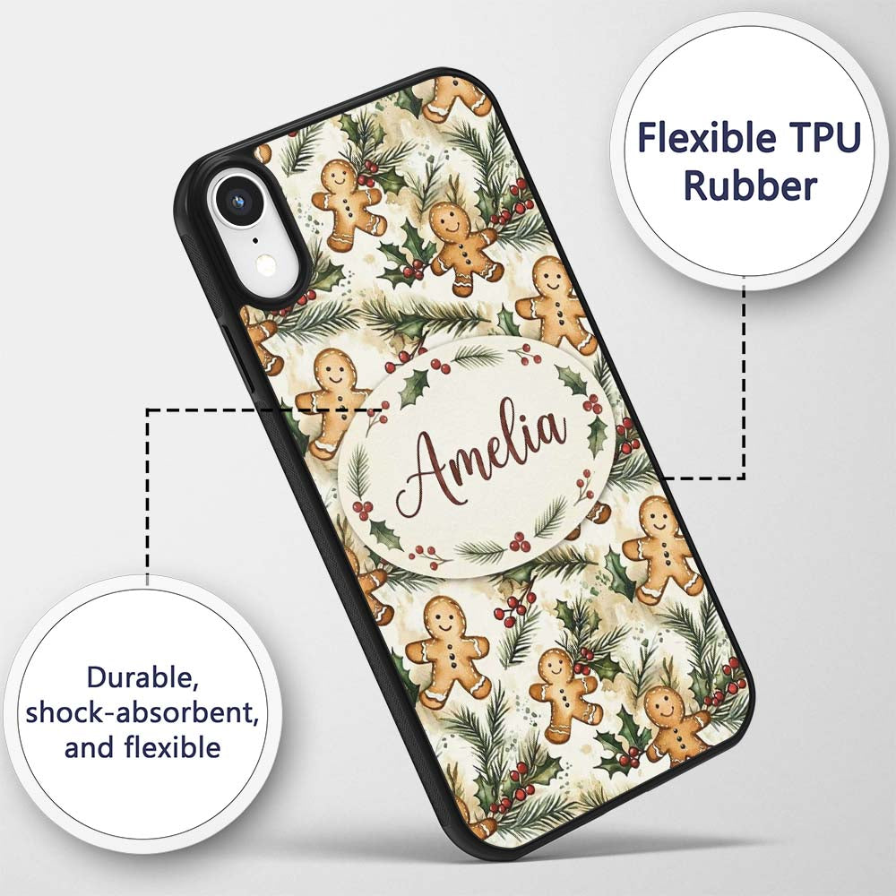 Cute Gingerbread Cookies with Holly and Pine Custom Name Protective Phone Case Mobile Cover Durable Everyday Smartphone Shock Resistant