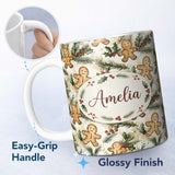 Personalized Custom Name Cute Gingerbread Cookies with Holly and Pine Branches Seamless 11oz Ceramic Coffee Tea Mug White Large Handle