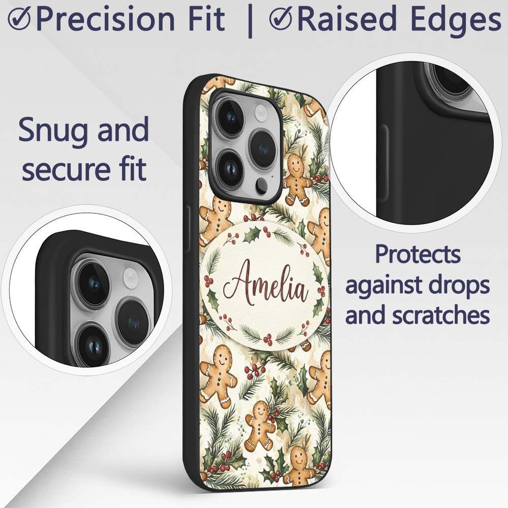 Cute Gingerbread Cookies with Holly and Pine Custom Name Protective Phone Case Mobile Cover Durable Everyday Smartphone Shock Resistant