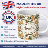 Personalized Custom Name Cute Gingerbread Cookies with Holly and Pine Branches Seamless 11oz Ceramic Coffee Tea Mug White Large Handle