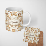 Personalized Custom Name Cute Gingerbread Dolls in Winter Outfit Seamless Pattern Name 11oz Ceramic Coffee Tea Mug White Large Handle