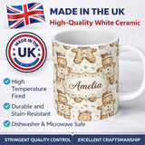 Personalized Custom Name Cute Gingerbread Dolls in Winter Outfit Seamless Pattern Name 11oz Ceramic Coffee Tea Mug White Large Handle