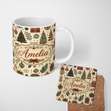 Personalized Custom Name Scandinavian Christmas Trees Gifts Baubles Festive Seamless Pattern 11oz Ceramic Coffee Tea Mug White Large Handle