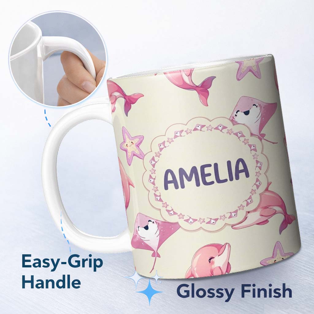 Personalized Custom Name Cute Pink Dolphins and Starfish Seamless Ocean Pattern Soft Beige 11oz Ceramic Coffee Tea Mug White Large Handle
