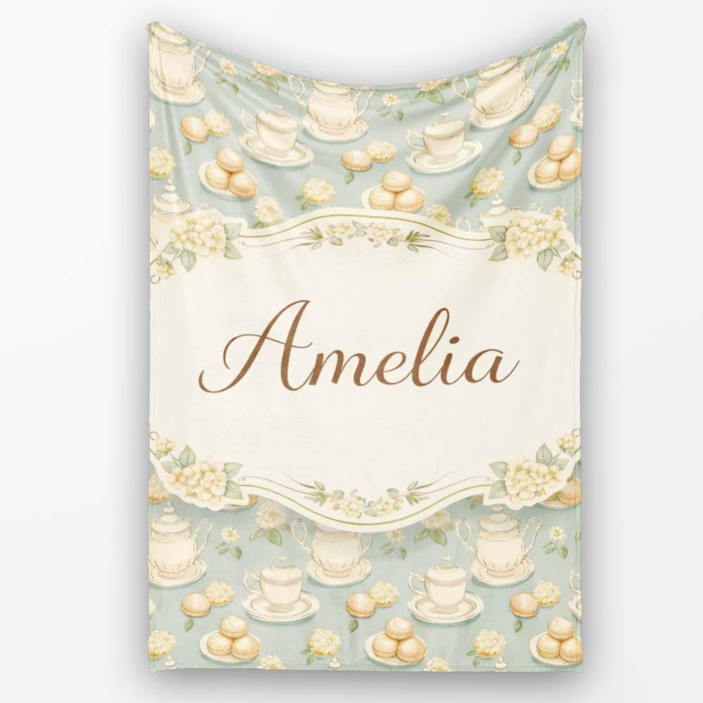 Vintage Tea Set Cupcake Dessert Seamless Pattern Cute Unique Gift  Personalised Custom Name Super Soft Fleece Blanket Bed Sofa Throw