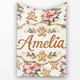 Cute Gingerbread Cookies with Poinsettia Flowers Seamless Pattern  Personalised Custom Name Super Soft Fleece Blanket Bed Sofa Throw
