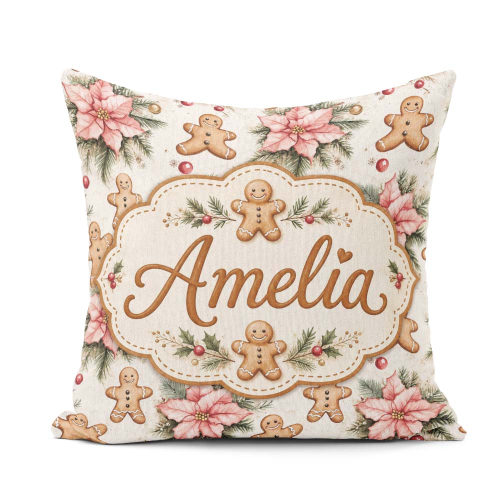 Custom Name Gingerbread Cookies with Poinsettia Flowers Seamless Square Filled Cushion Throw Pillow Sofa Bed Home Decor Zip Washable UK Made