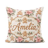 Custom Name Gingerbread Cookies with Poinsettia Flowers Seamless Square Filled Cushion Throw Pillow Sofa Bed Home Decor Zip Washable UK Made