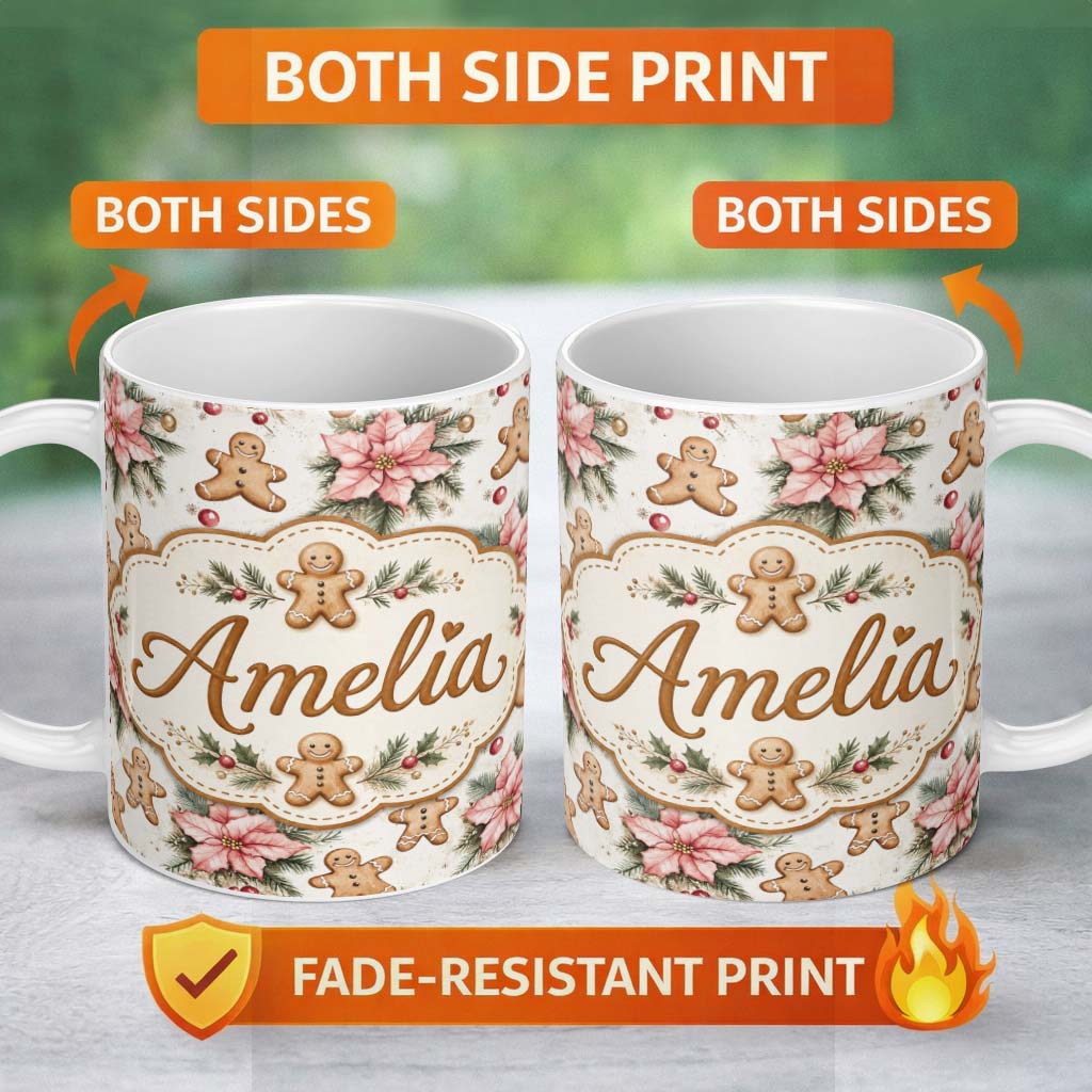 Personalized Custom Name Cute Gingerbread Cookies with Poinsettia Flowers Seamless Pattern 11oz Ceramic Coffee Tea Mug White Large Handle