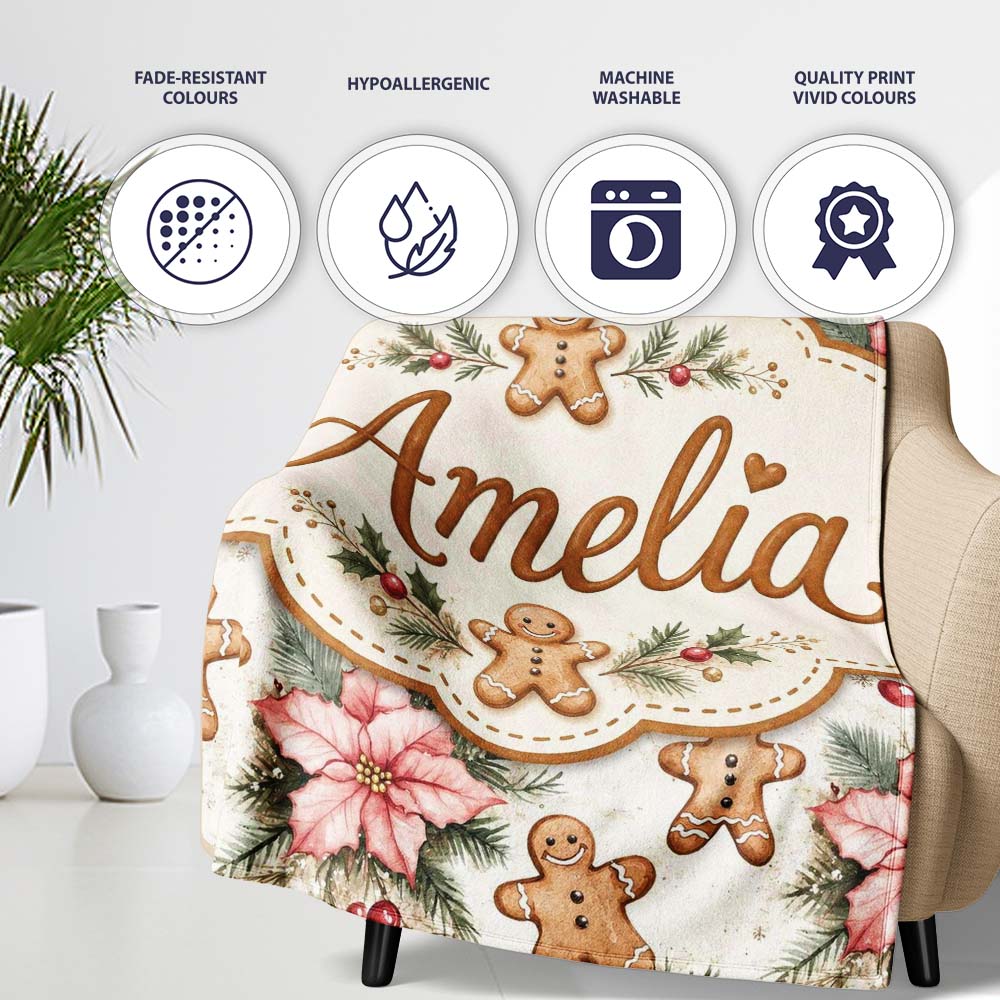 Cute Gingerbread Cookies with Poinsettia Flowers Seamless Pattern  Personalised Custom Name Super Soft Fleece Blanket Bed Sofa Throw