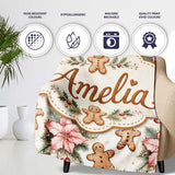 Cute Gingerbread Cookies with Poinsettia Flowers Seamless Pattern  Personalised Custom Name Super Soft Fleece Blanket Bed Sofa Throw