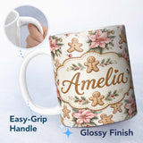 Personalized Custom Name Cute Gingerbread Cookies with Poinsettia Flowers Seamless Pattern 11oz Ceramic Coffee Tea Mug White Large Handle