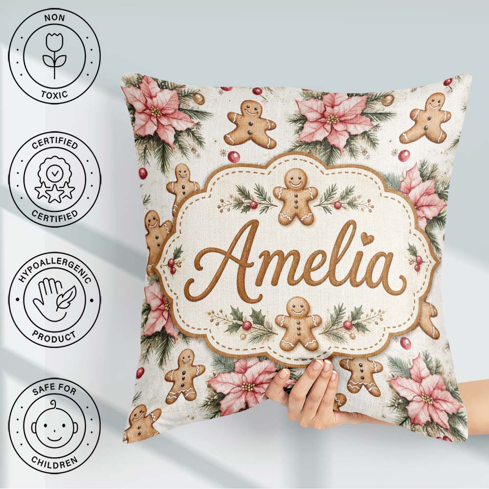 Custom Name Gingerbread Cookies with Poinsettia Flowers Seamless Square Filled Cushion Throw Pillow Sofa Bed Home Decor Zip Washable UK Made