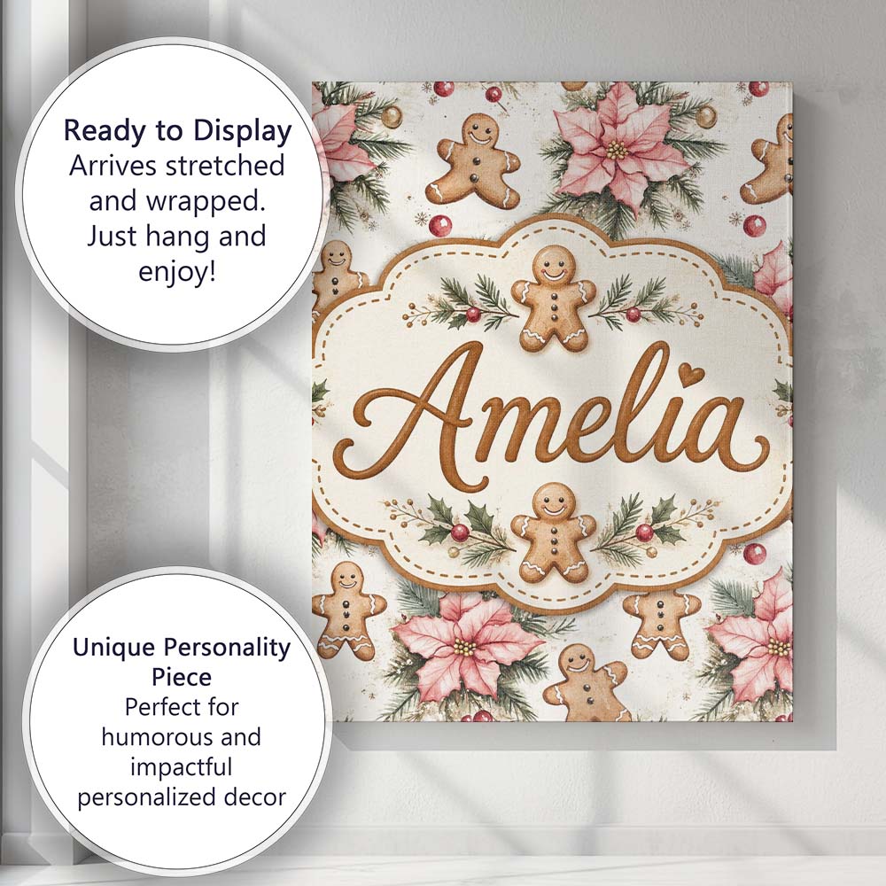 Personalised Name Cute Gingerbread Cookies Custom  Unique Gift Idea Elegant Feature Canvas Wall Art Print Decor Picture Ready to Hang