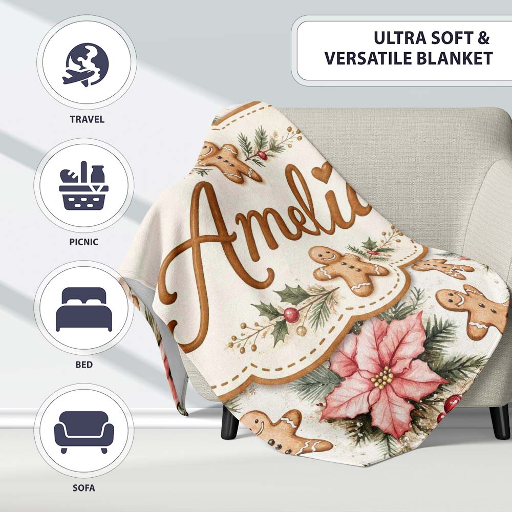 Cute Gingerbread Cookies with Poinsettia Flowers Seamless Pattern  Personalised Custom Name Super Soft Fleece Blanket Bed Sofa Throw