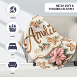 Cute Gingerbread Cookies with Poinsettia Flowers Seamless Pattern  Personalised Custom Name Super Soft Fleece Blanket Bed Sofa Throw