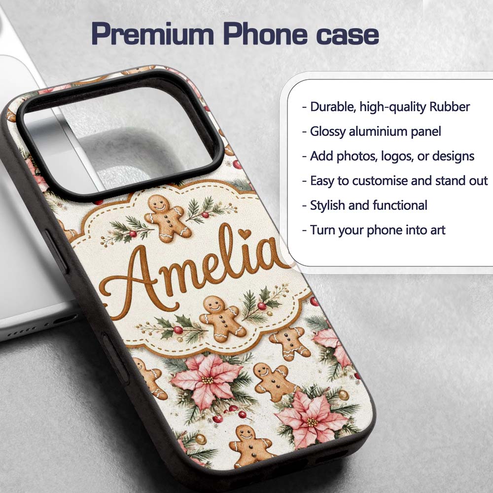 Cute Gingerbread Cookies with Poinsettia Flowers Custom Name Protective Phone Case Mobile Cover Durable Everyday Smartphone Shock Resistant