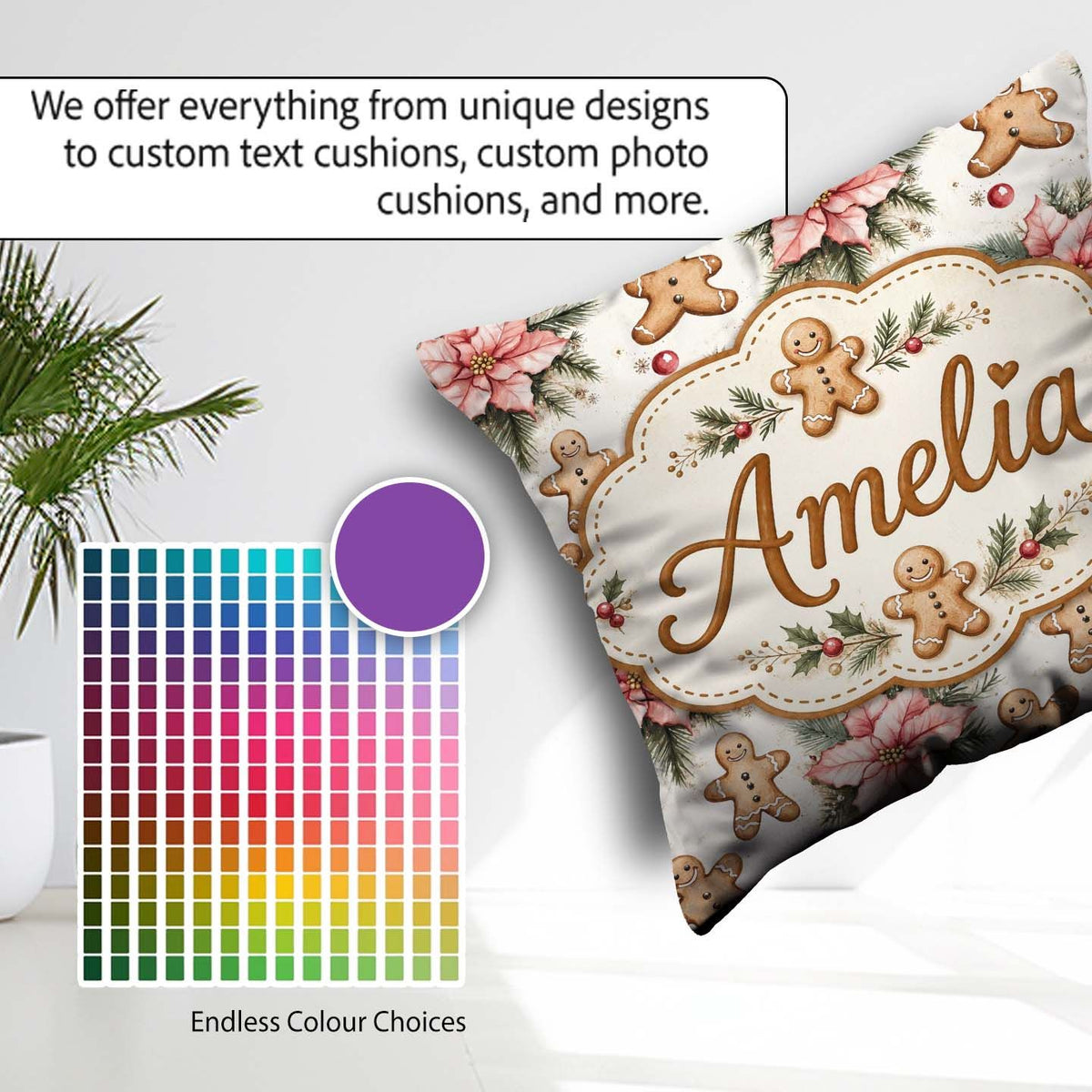Custom Name Gingerbread Cookies with Poinsettia Flowers Seamless Square Filled Cushion Throw Pillow Sofa Bed Home Decor Zip Washable UK Made