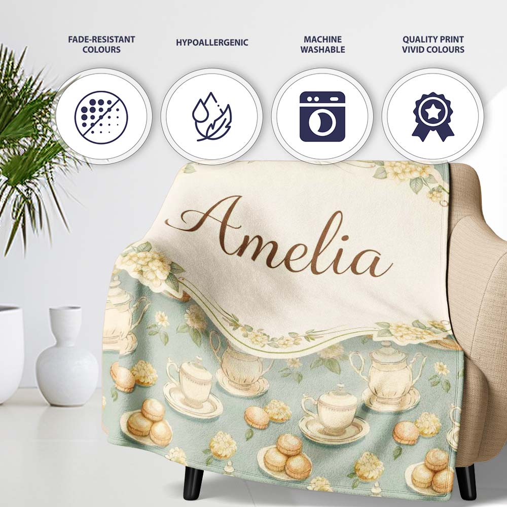 Vintage Tea Set Cupcake Dessert Seamless Pattern Cute Unique Gift  Personalised Custom Name Super Soft Fleece Blanket Bed Sofa Throw