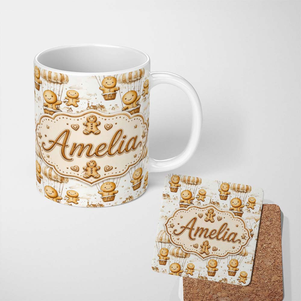 Personalized Custom Name Cute Gingerbread Characters in Hot Air Balloons Seamless Pattern 11oz Ceramic Coffee Tea Mug White Large Handle