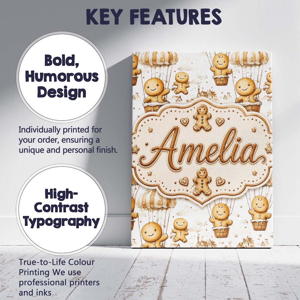 Personalised Name Cute Gingerbread Characters Custom Unique Gift Idea Modern Room Accent Canvas Wall Art Print Decor Picture Ready to Hang
