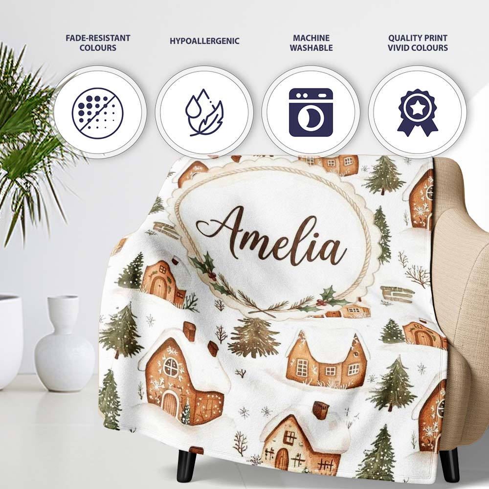 Cute Winter Village Gingerbread Houses Seamless Pattern Name Unique  Personalised Custom Name Super Soft Fleece Blanket Bed Sofa Throw