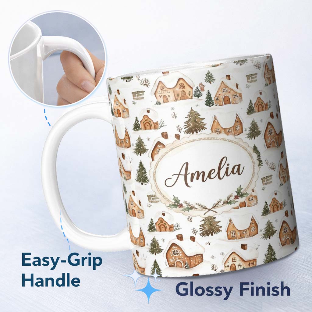 Personalized Custom Name Cute Winter Village Gingerbread Houses Seamless Pattern Name Unique 11oz Ceramic Coffee Tea Mug White Large Handle