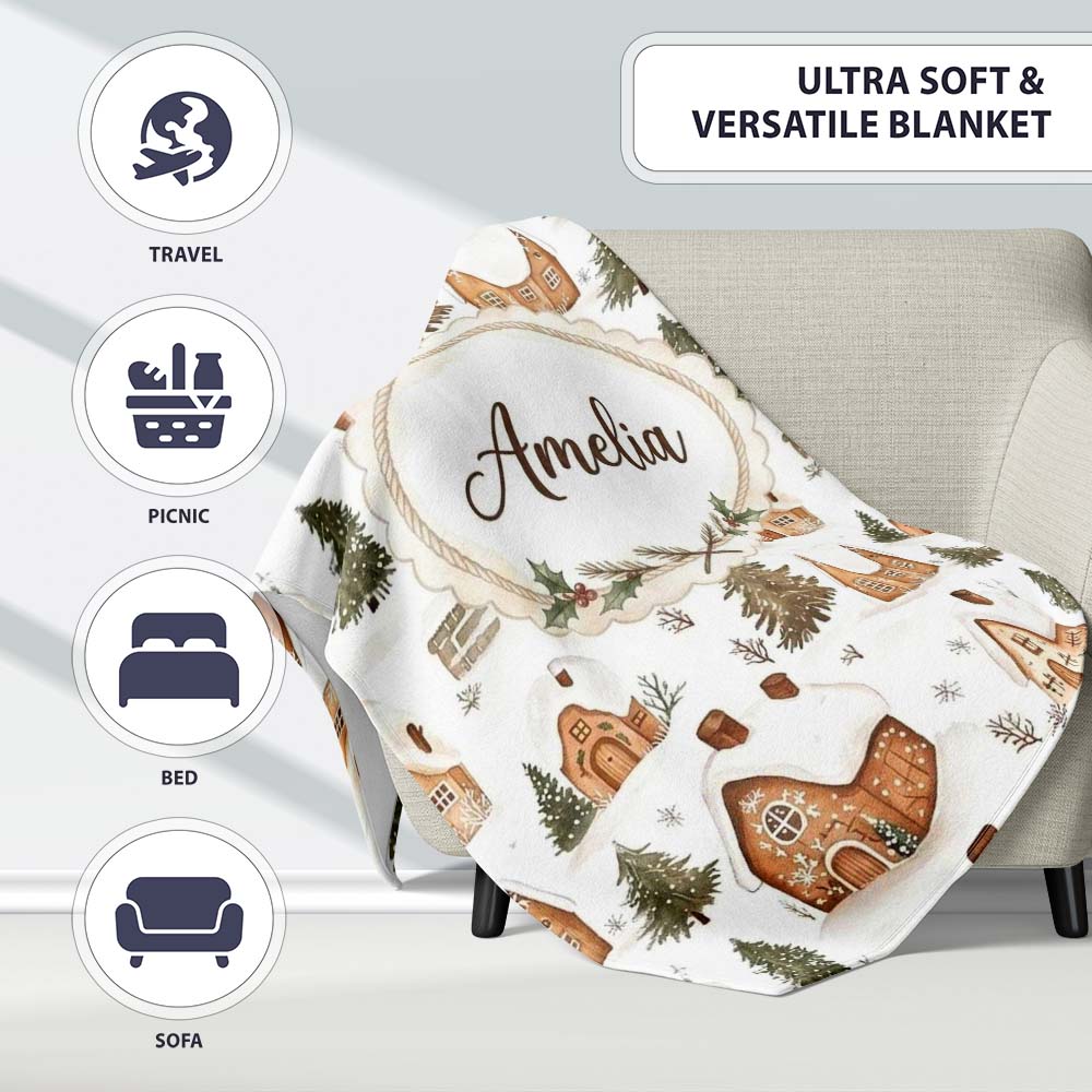 Cute Winter Village Gingerbread Houses Seamless Pattern Name Unique  Personalised Custom Name Super Soft Fleece Blanket Bed Sofa Throw