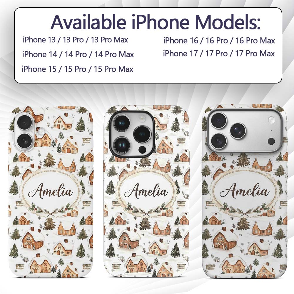 Cute Winter Village Gingerbread Houses Seamless Custom Name Protective Phone Case Mobile Cover Durable Everyday Smartphone Shock Resistant